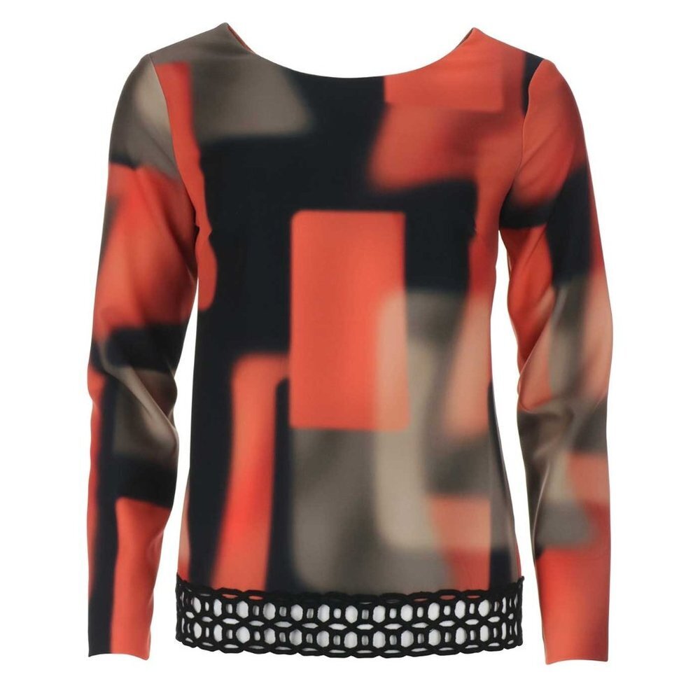 Women's Lace Hem Top, Peruzzi Abstract Print Long Sleeve, Orange, size 10